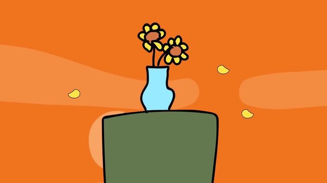 2D animation of a flower vase sitting on a table with falling leaves wind blowing autumn background concept