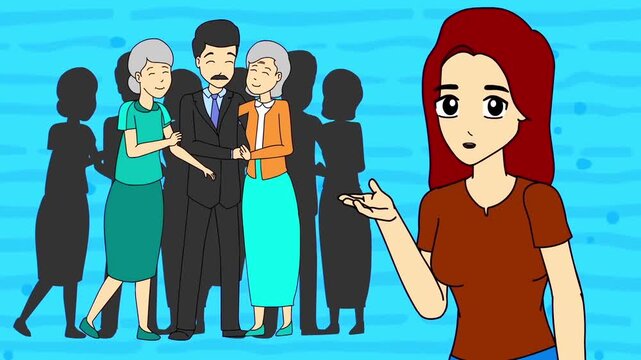 2D animation of a sad woman feeling excluded and left out while a group celebrates behind her social loneliness