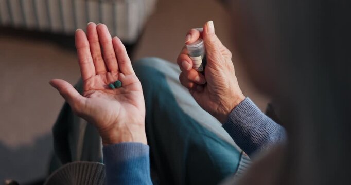 Hands, container and old woman at house with medicine, prescription and pills for chronic illness. Above, senior person and palm in home with tablets, supplements and magnesium for terminal condition