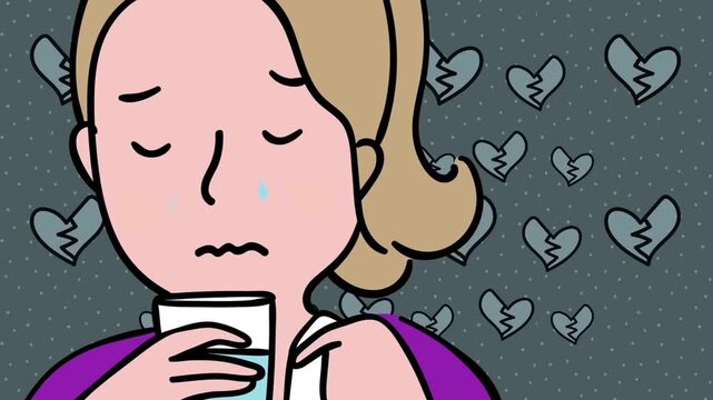2D animation close up of a sad crying woman holding a water glass with broken heart icons background heartbreak