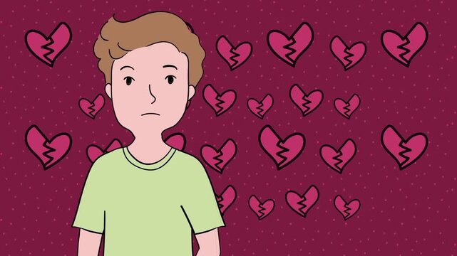 2D animation portrait of a sad lonely boy looking down with broken hearts pattern background heartbreak concept