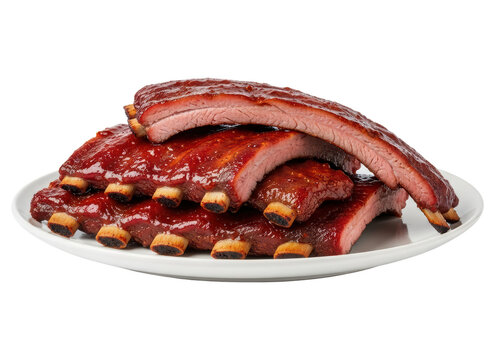 Grilled barbecue pork ribs on white plate isolated over transparent background