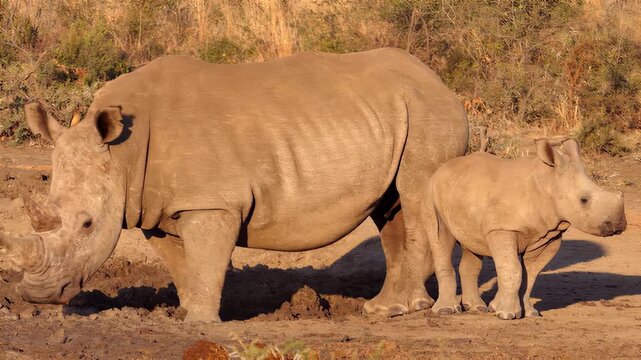 Mother and baby rhinoceroses enjoying a mud bath in the African savanna