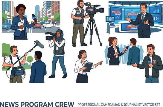 Television News Journalism Character Asset Collection Vector Featuring Flat Cartoon Anchors Reporters Cameramen Boom Operators and Studio Broadcast Scenery