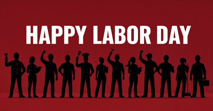 Celebrate workers with happy labor day illustration featuring diverse silhouettes of professionals together