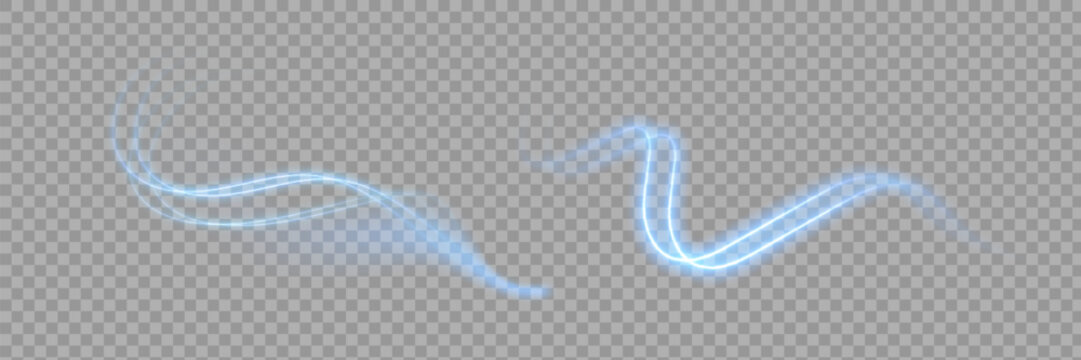 Glowing blue speed lines. Abstract traffic lines on the road. Light dust trail wave, fire path trace line, car headlights, optical fiber and filament curve swirl png.
