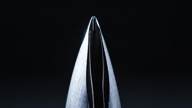 Extremely sharp metallic blade tip against a dark background