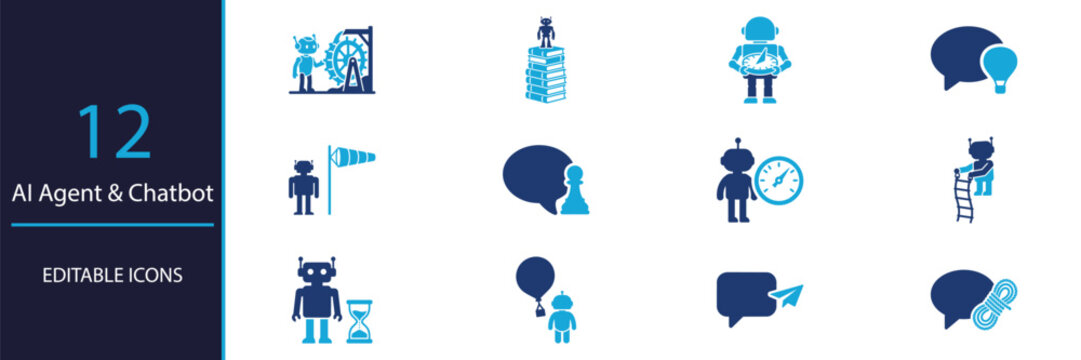 Set of twelve artificial intelligence agent and chatbot flat vector icons