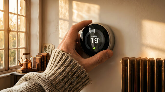 Person adjusting smart home thermostat for energy saving heating