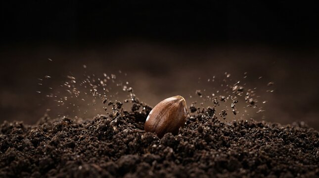 seed impacting soil surface during planting with slow motion splash effect