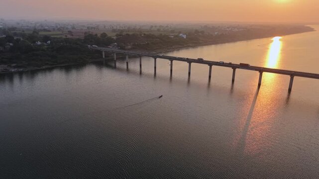 Aerial View of Narmada River Bridge at Sunset, Madhya Pradesh, India