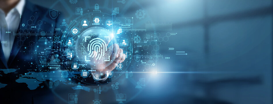 Specialist touching secure scanner analyzing global Biometric authentication. Professional checking advanced fingerprint recognition and retinal scanning security protocols efficiently now.
