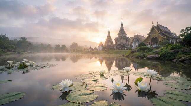 Serene Buddhist temple at sunrise, golden morning mist over a lotus pond, traditional Asian architecture reflected in calm water, peaceful spiritual landscape
