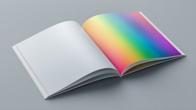 Pride Month. Open book mock up with blank pages and a colorful gradient background, showcasing a vibrant spectrum of colors on one side