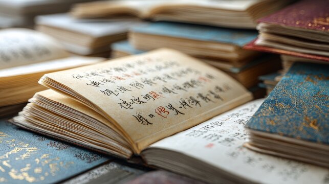 Stacked antique books with intricate covers and handwritten pages, showcasing traditional calligraphy and decorative elements in a close-up view