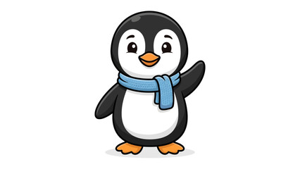 Obraz premium Cute Penguin Waving Hello: A charming cartoon penguin, adorned with a blue scarf, stands and waves its flipper, exuding friendliness and warmth.