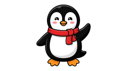 Obraz premium Cute Penguin Waving Hello: A charming cartoon penguin wearing a red scarf waves its flipper, offering a friendly greeting with its cheerful expression.
