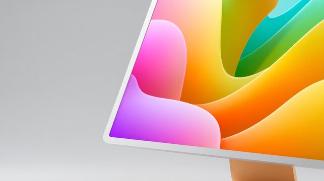 Pride Month. Computer monitor displaying vibrant geometric gradient design with colorful diagonal stripes on a clean white background