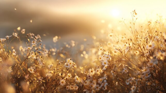 Summer Solstice. Field of wildflowers illuminated by golden sunlight during sunrise, creating a serene and tranquil natural landscape scene