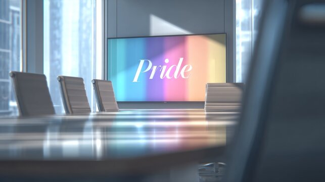 Pride Month. Conference room with modern design featuring a large screen displaying the word Pride in colorful letters, sleek chairs arranged around a polished table