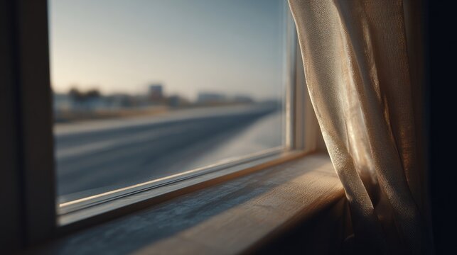 hotel check in. Close-up view of a window with sheer curtain, revealing a blurred outdoor scene of a road and distant buildings in soft morning light