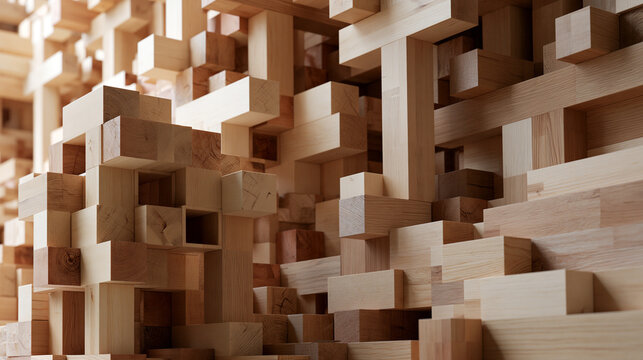 Abstract Interior Built from Interlocking Wooden Blocks with Complex Cubes Beams and Openings Forming a Geometric Maze