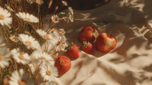 Summer picnic setup with a woven basket, fresh fruits in a bowl, and decorative elements on a blanket in a sunlit outdoor setting