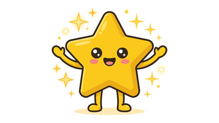 Cute Cartoon Star Character: A cheerful, anthropomorphic golden star character with big eyes and a wide smile sparkles with joy.
