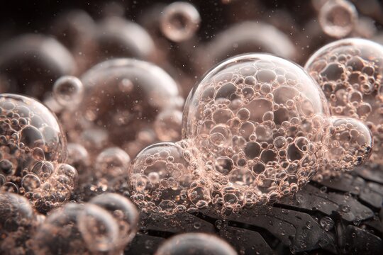 Punctured tire. Close-up of water droplets and bubbles on a black surface, soapy water bubbles forming around a small puncture in a tire, highlighting air leakage. tire inspection concept