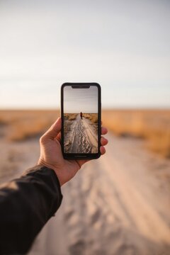 Generation Z. Hand holding smartphone displaying a person walking on a sandy path through a field under a clear sky during sunset. Gen Z travel concept. Gen Z content creation travel
