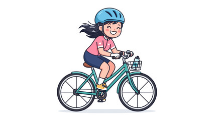Smiling Girl Riding Bicycle: A cheerful young girl in a blue helmet happily rides her bicycle through the outdoors, enjoying a healthy and active lifestyle.