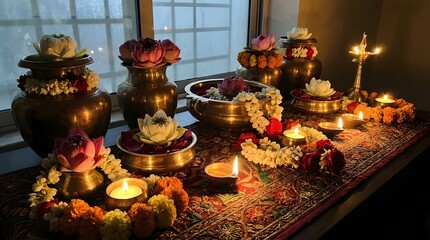 Naklejka premium Traditional Bhadrapada Purnima Puja Setup with Brass Pots and Flowers