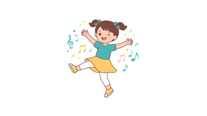 Joyful Melody: A little girl with pigtails dances with abandon, surrounded by musical notes and sparkles, expressing pure delight and childlike wonder.