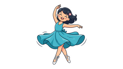 Ballet Dancer's Joyful Spin: A little girl in a blue tutu and ballet shoes performs a graceful pirouette with a beaming smile, embodying the delight of dance and movement. © Abu