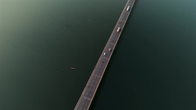 Aerial View of Narmada River Bridge at Sunset, Madhya Pradesh, India