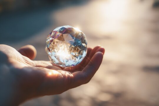 Oceans Day. Hand holding a large crystal orb reflecting sunlight, showcasing intricate facets and a blurred outdoor background with soft lighting effects
