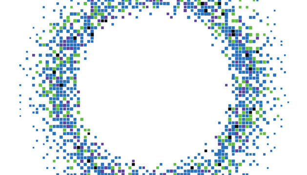 Circular abstract design composed of blue, green, and purple square pixels arranged in a scattered ring pattern on a plain white background.