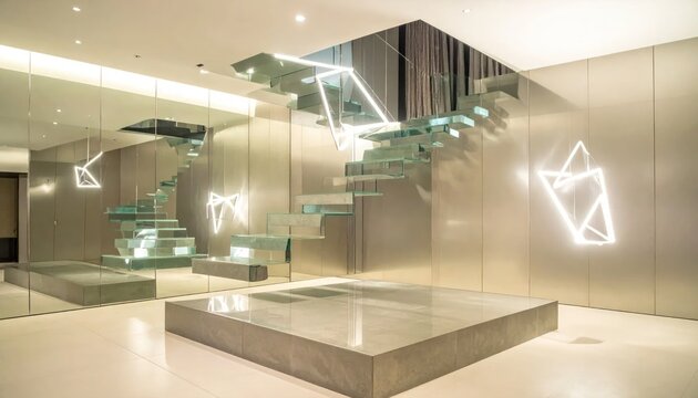 Contemporary interior with floating glass stairs.