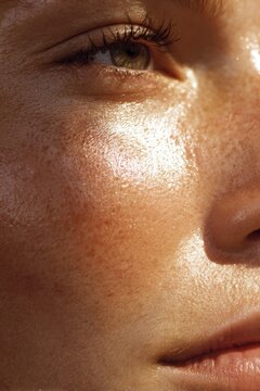 Summer time. Close-up of a young woman's face highlighting freckles and glowing skin texture under natural light. summer vibes light concept