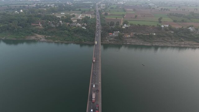 Aerial View of Narmada River Bridge at Sunset, Madhya Pradesh, India