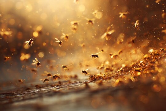 Close-up view of bees flying over a field of golden flowers with sunlight creating a warm, shimmering effect in the background. micro nature atmosphere concept