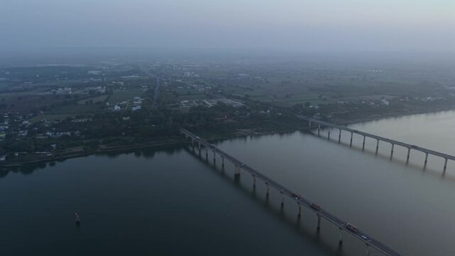 Aerial View of Narmada River Bridge at Sunset, Madhya Pradesh, India