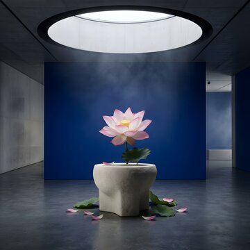 Lotus flower in a modern architectural space with a blue accent wall and concrete details