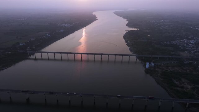 Aerial View of Narmada River Bridge at Sunset, Madhya Pradesh, India
