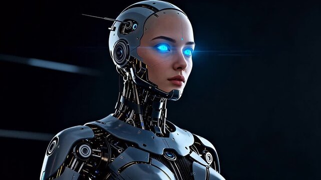 Futuristic female robot with glowing eyes