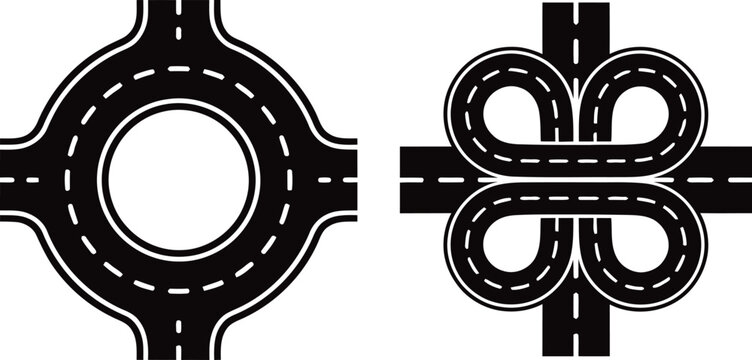 Roundabout and cloverleaf highway interchange vector icon set.