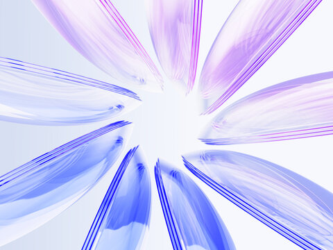 Glass radial circle pattern with purple blue holographic gradient. Abstract graphic circular array in shape of bright flower petals. Futuristic technology, loading spinner background. 3D illustration