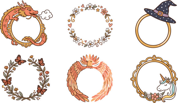 Vintage Fantasy Circular Avatar Border Frame Collection Featuring Mythical Dragon Phoenix Firebird Witch Hat Cute Unicorn Floral Wreaths and Butterfly Designs