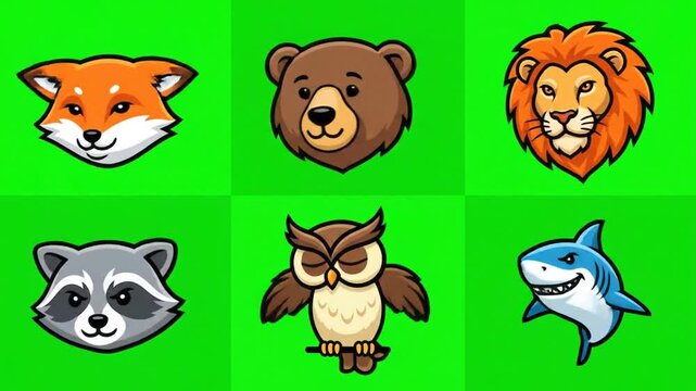 Cute Cartoon Animal Icons Pack on Green Screen