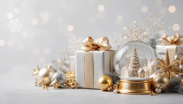 Festive Christmas Snow Globe with Gift Boxes and Ornaments